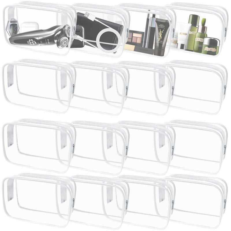 16 Pieces Clear Makeup Bags Bulk TSA Approved Toiletry Bag for Travel PVC Waterproof Cosmetic Pouches Clear Pouch with Zipper for Men and Women Carryon Travel Essentials Cosmetic Bags WhiteM